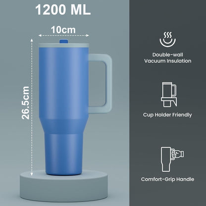 House of Quirk 1200ML Tumbler with Handle & Simple Flip Straw - Blue/Grey