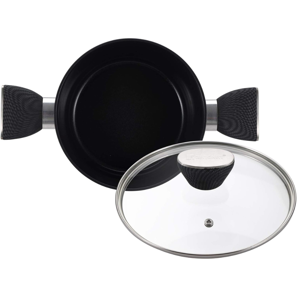 Bergner Carbon TT Forged Aluminium Non-stick Casserole With Glass Lid & Induction Base | 20 Cm, 2.6 Liters, Metallic Grey |
