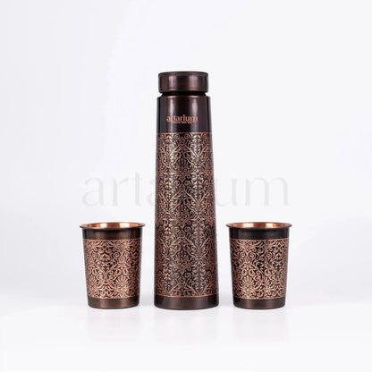Artarium Antique Etching Copper Bottle with Copper Cups Set
