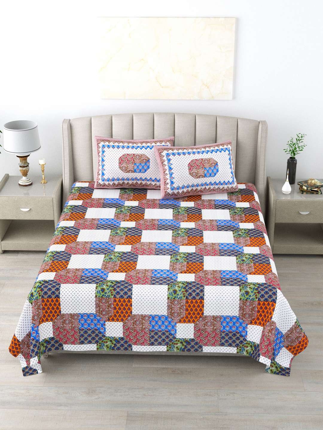 100% Pure Cotton Traditional Printed Bedsheet for Double Bed King Size Bedsheet with 2 Pillow Covers