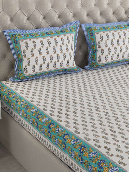 100% Pure Cotton Traditional Printed Bedsheet for Double Bed King Size Bedsheet with 2 Pillow Covers