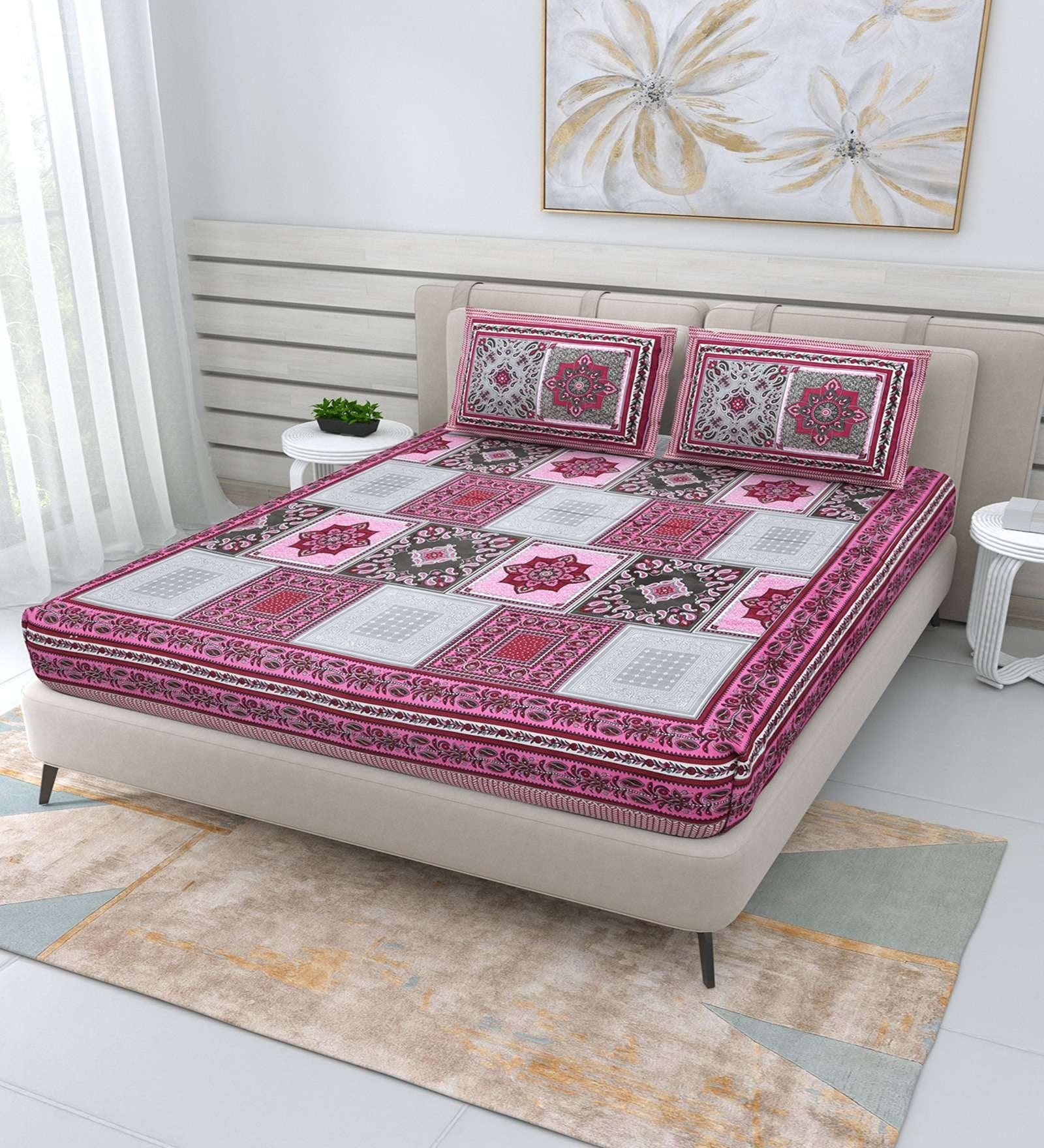 100% Pure Cotton Traditional Printed Bedsheet for Double Bed King Size Bedsheet with 2 Pillow Covers