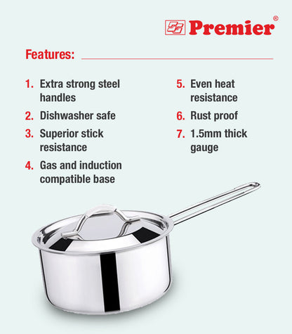 Premier 3-ply Clad Stainless Steel Sauce Pan TPS 16 cm - 1300 gms