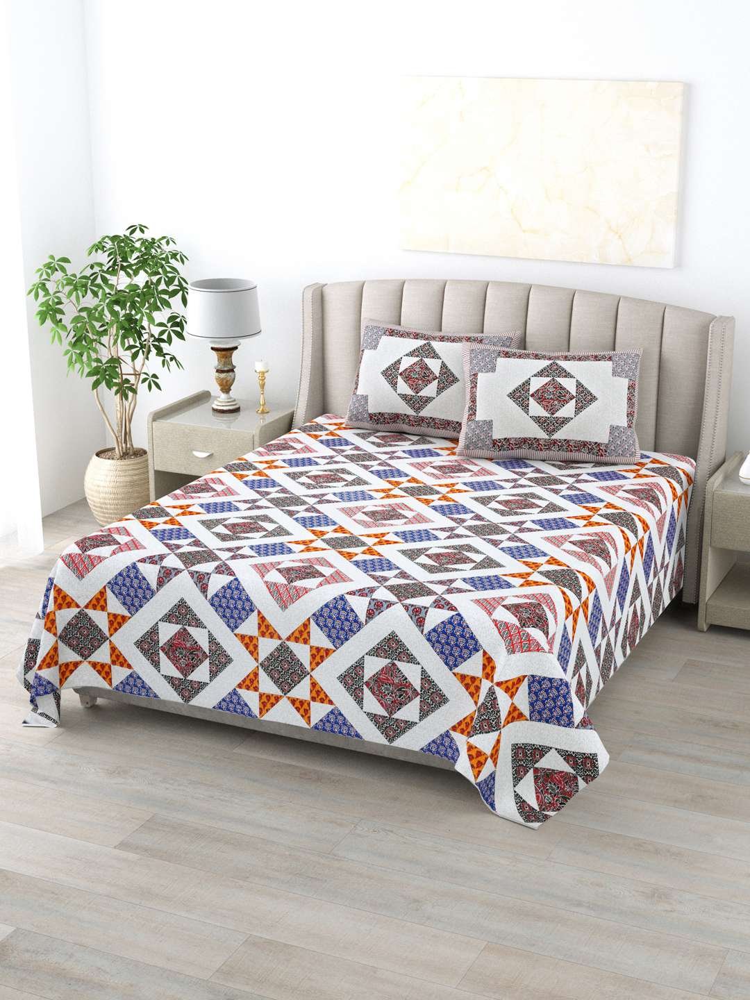 100% Pure Cotton Traditional Printed Bedsheet for Double Bed King Size Bedsheet with 2 Pillow Covers