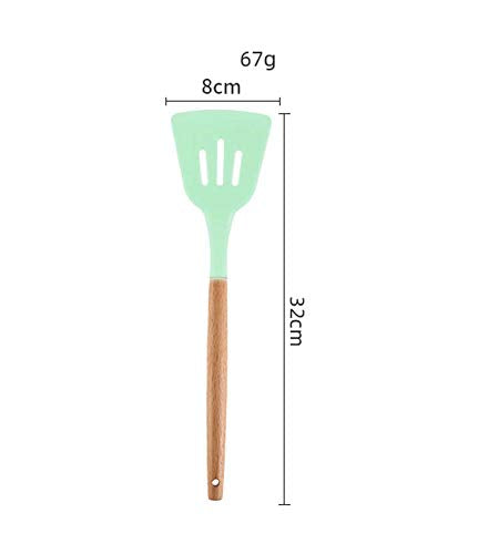 Woodtula Kitchen Silicone Slotted Turner with Wooden Handle Non-Stick Kitchen Utensil Tools Green