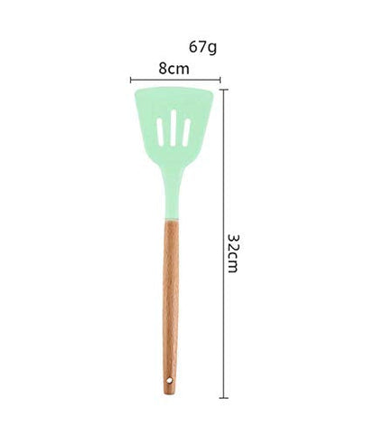 Woodtula Kitchen Silicone Slotted Turner with Wooden Handle Non-Stick Kitchen Utensil Tools Green