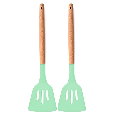 P-Plus International Silicone Slotted Spatula High Heat Resistant to 480°F Food Turner Wooden Handle Green