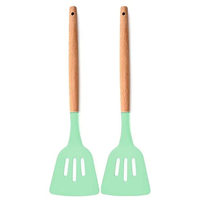 P-Plus International Silicone Slotted Spatula High Heat Resistant to 480°F Food Turner Wooden Handle Green