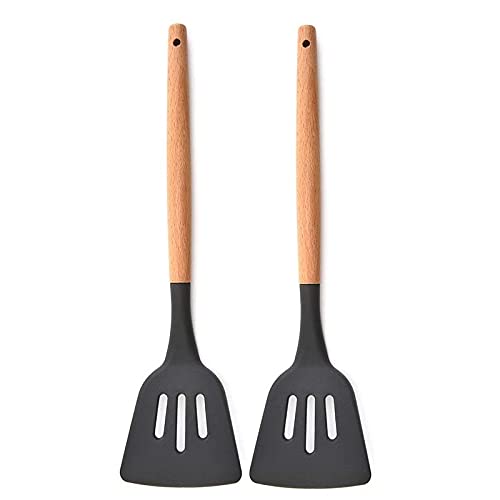 P-Plus International Silicone Slotted Spatula High Heat Resistant Food Wooden Handle Black