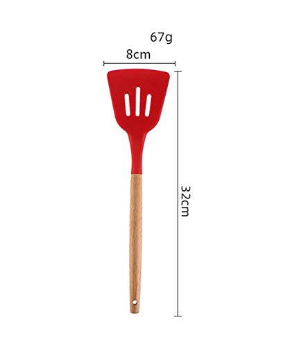 Woodtula Kitchen Silicone Slotted Turner with Wooden Handle Non-Stick Kitchen Utensil Tools Red