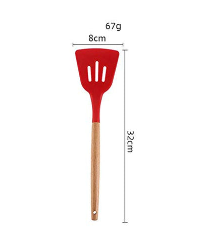 Woodtula Kitchen Silicone Slotted Turner with Wooden Handle Non-Stick Kitchen Utensil Tools Red