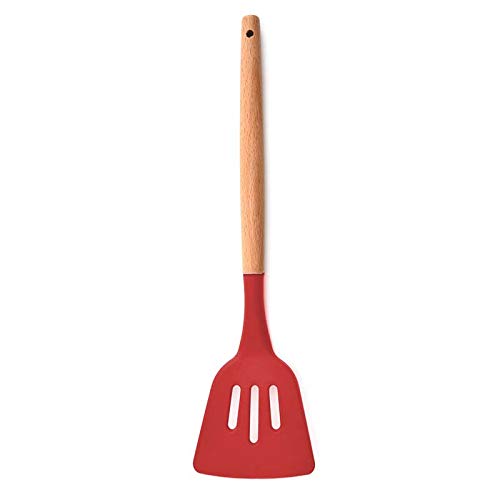 Woodtula Kitchen Silicone Slotted Turner with Wooden Handle Non-Stick Kitchen Utensil Tools Red
