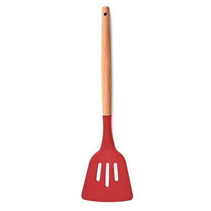 Woodtula Kitchen Silicone Slotted Turner with Wooden Handle Non-Stick Kitchen Utensil Tools Red