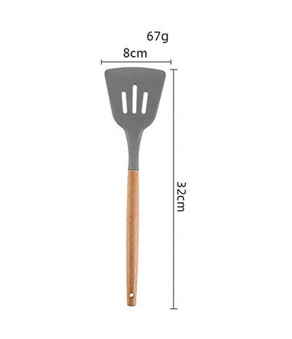 Woodtula Kitchen Silicone Slotted Turner with Wooden Handle Non-Stick Kitchen Utensil Tools Grey