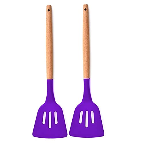 P-Plus International Silicone Slotted Spatula High Heat Resistant to 480°F Wooden Handle Purple