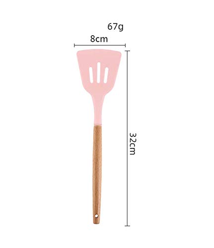 Woodtula Kitchen Silicone Slotted Turner with Wooden Handle Non-Stick Kitchen Utensil Tools Pink