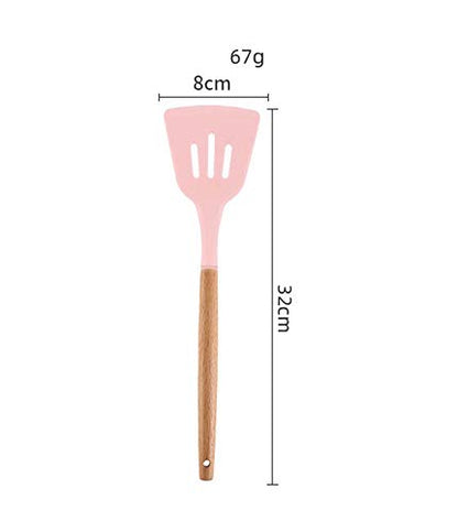 Woodtula Kitchen Silicone Slotted Turner with Wooden Handle Non-Stick Kitchen Utensil Tools Pink