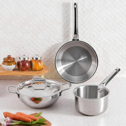 Futuretec Triply Stainless Steel Cookware Set 4 Pcs - 22cm (2.4 L) Extra Deep Kadai, 22cm (1.6 L) Frypan, 16cm (1.6 L) Saucepan