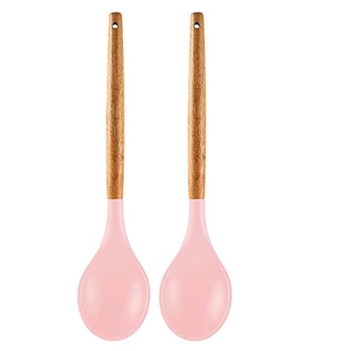 P-plus International Silicone Turner Spatula Spoon for Nonstick Cookware with Wooden Handle Pink