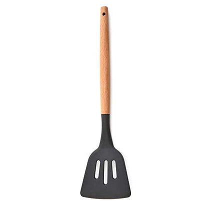 P-Plus International Silicone Slotted Spatula High Heat Resistant Food Wooden Handle Black