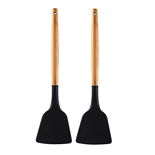 P-Plus International Silicone Spatula Wooden Handle Flexible & Heat Resistant Rubber Spatulas Non Stick Black