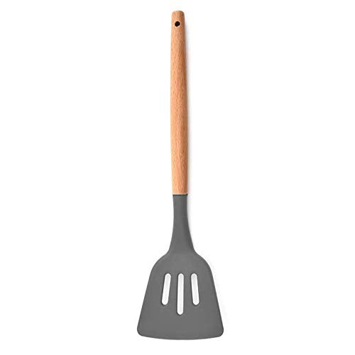 Woodtula Kitchen Silicone Slotted Turner with Wooden Handle Non-Stick Kitchen Utensil Tools Grey