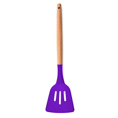 Woodtula Kitchen Silicone Slotted Turner with Wooden Handle Non-Stick Kitchen Utensil Tools Purple