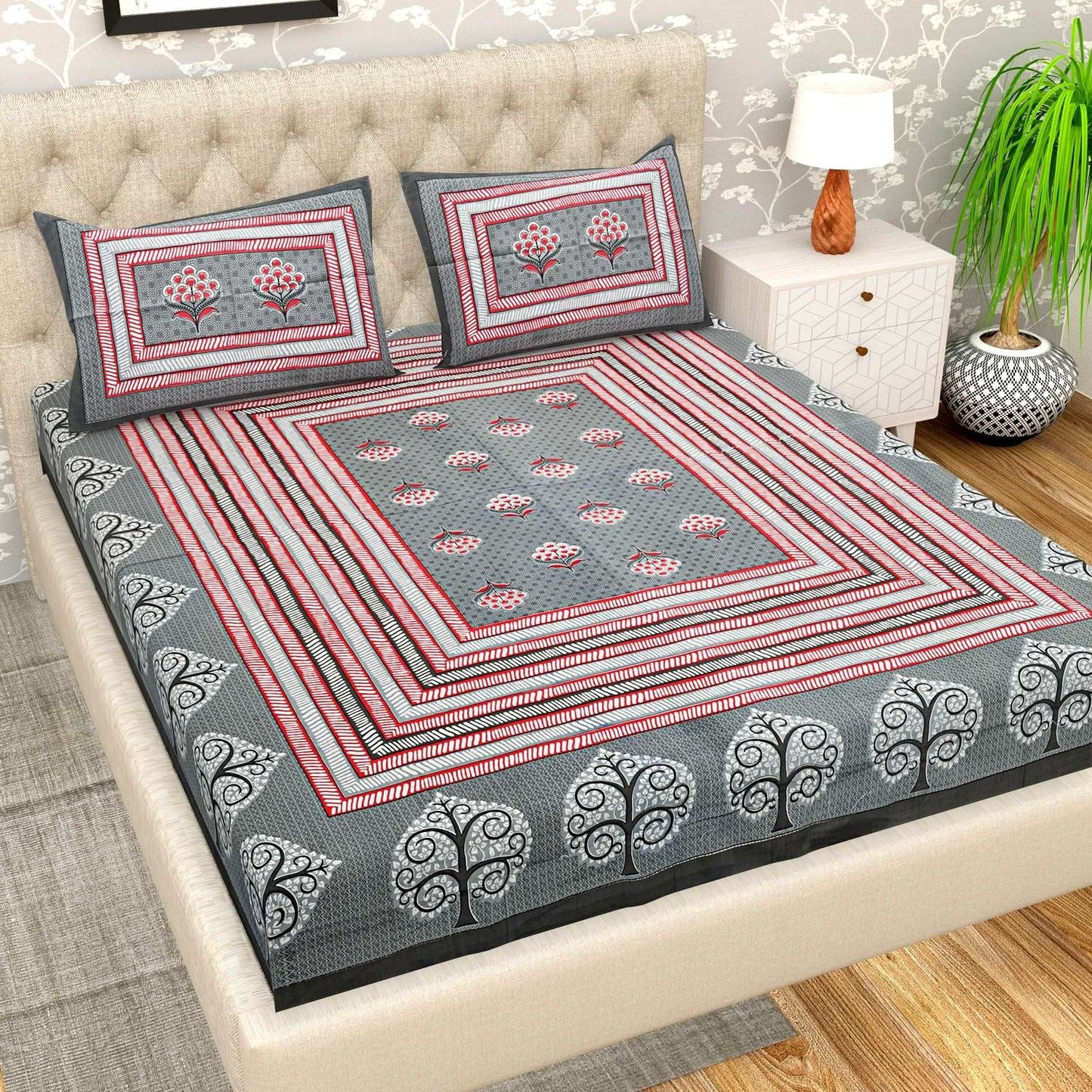 100% Pure Cotton Traditional Printed Bedsheet for Double Bed King Size Bedsheet with 2 Pillow Covers