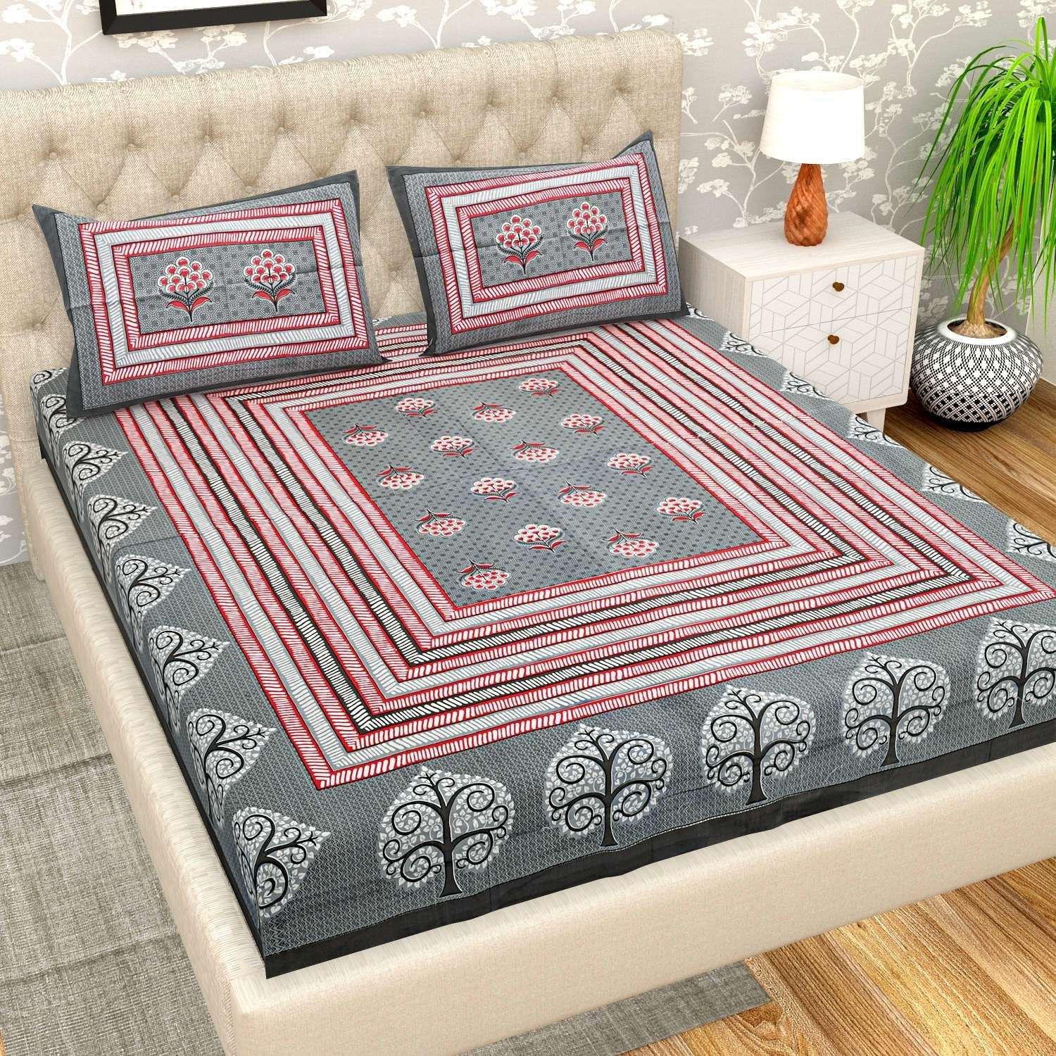 100% Pure Cotton Traditional Printed Bedsheet for Double Bed King Size Bedsheet with 2 Pillow Covers