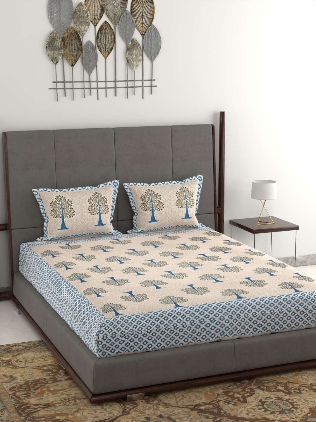 100% Pure Cotton Traditional Printed Bedsheet for Double Bed King Size Bedsheet with 2 Pillow Covers