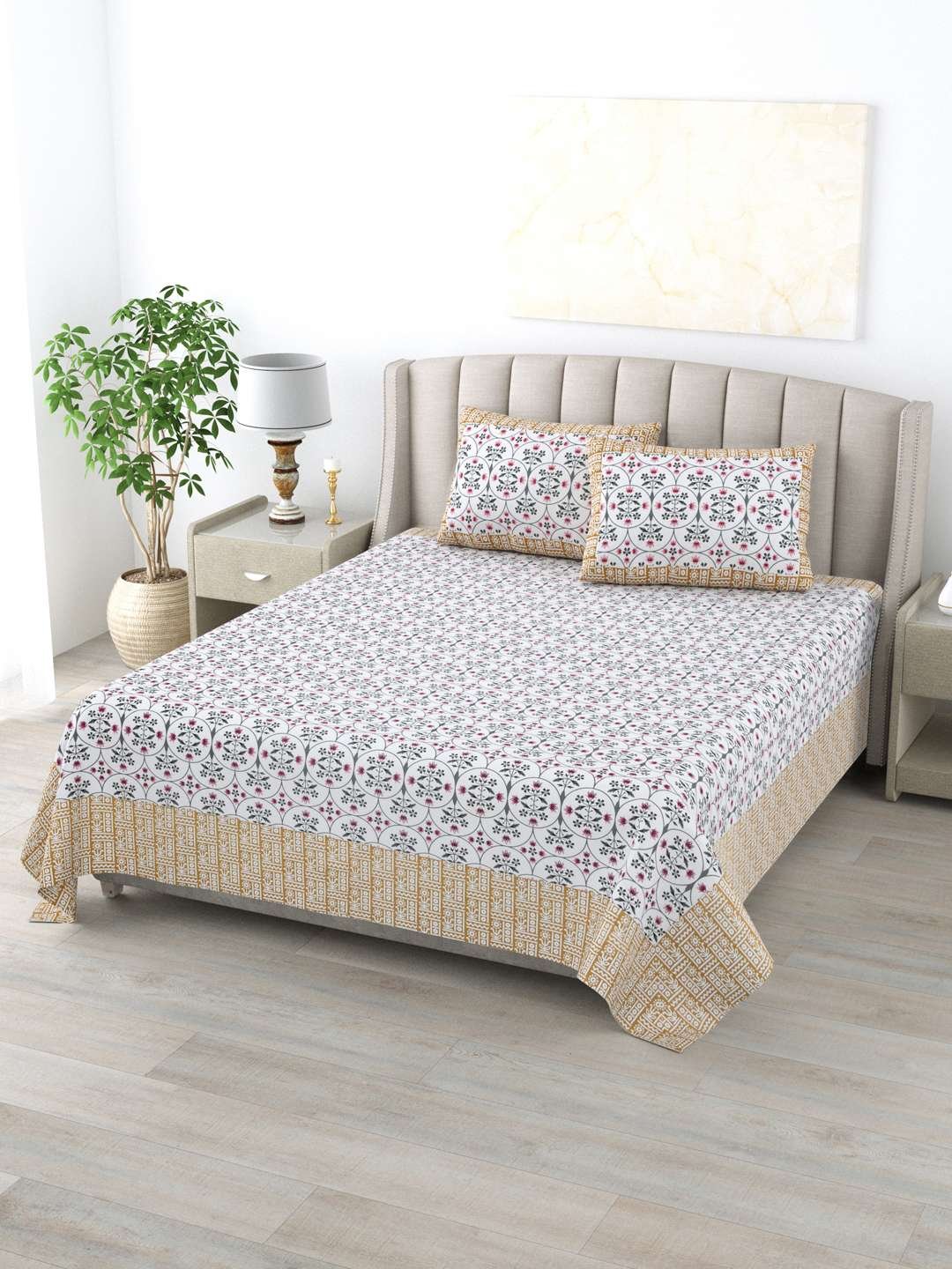 100% Pure Cotton Traditional Printed Bedsheet for Double Bed King Size Bedsheet with 2 Pillow Covers