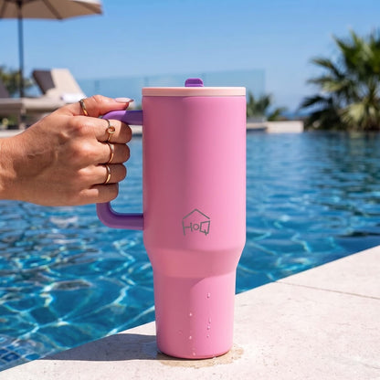 House of Quirk 1200ML Tumbler with Handle - Pink Dahlia