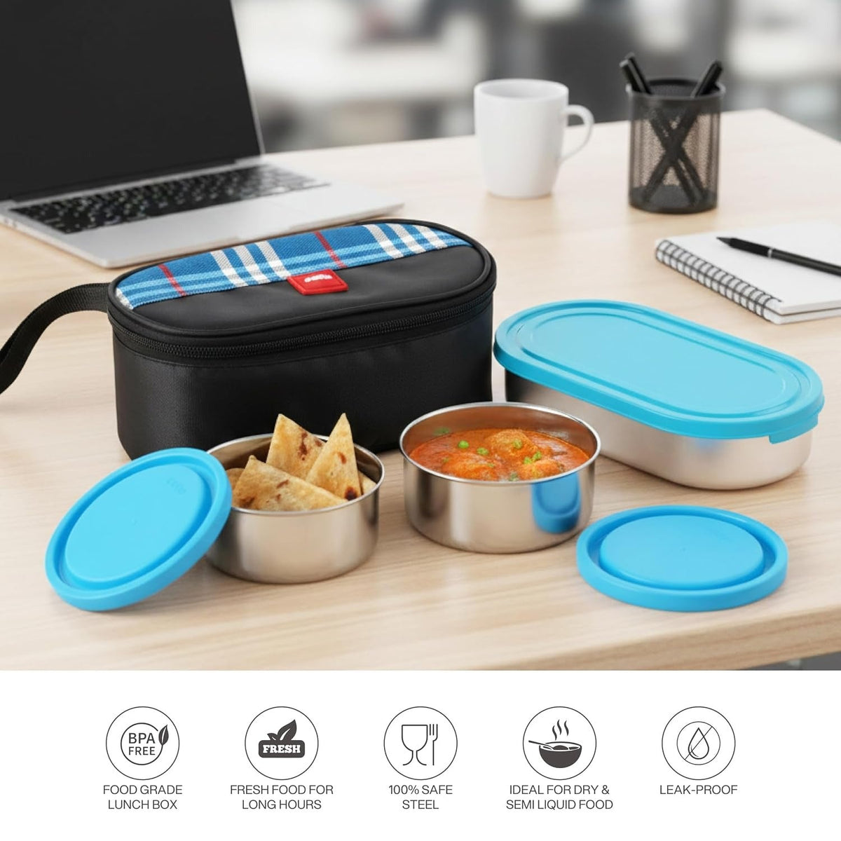 CELLO MF Trent Plus Lunch Box with Bag for Office, Blue | 300ml x 2
