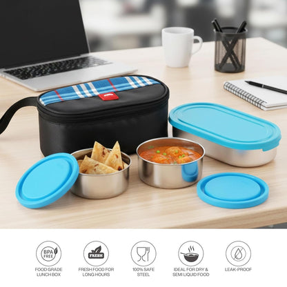 CELLO MF Trent Plus Lunch Box with Bag for Office, Blue | 300ml x 2