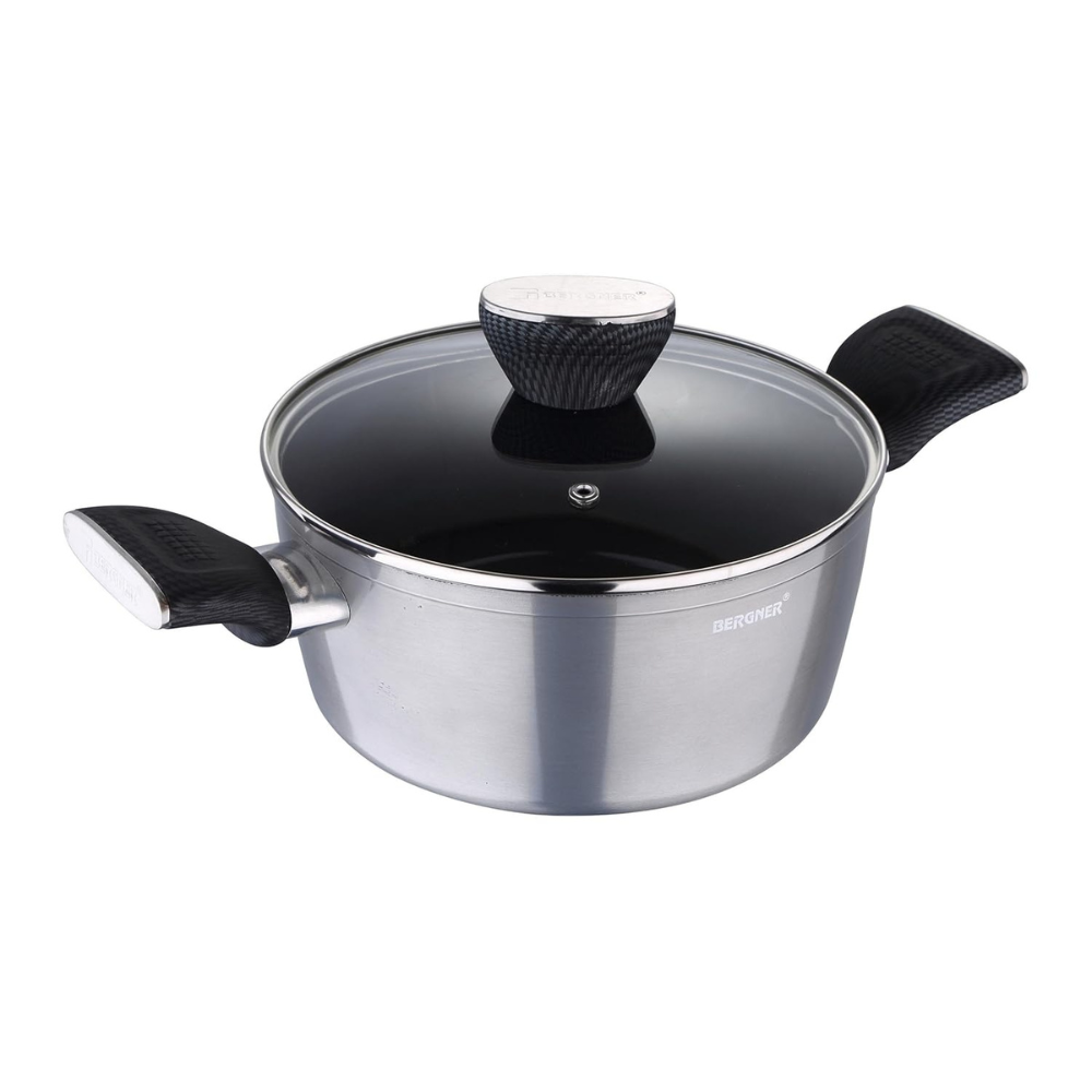 Bergner Carbon TT Forged Aluminium Non-stick Casserole With Glass Lid & Induction Base | 20 Cm, 2.6 Liters, Metallic Grey |