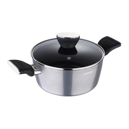 Bergner Carbon TT Forged Aluminium Non-stick Casserole With Glass Lid & Induction Base | 20 Cm, 2.6 Liters, Metallic Grey |