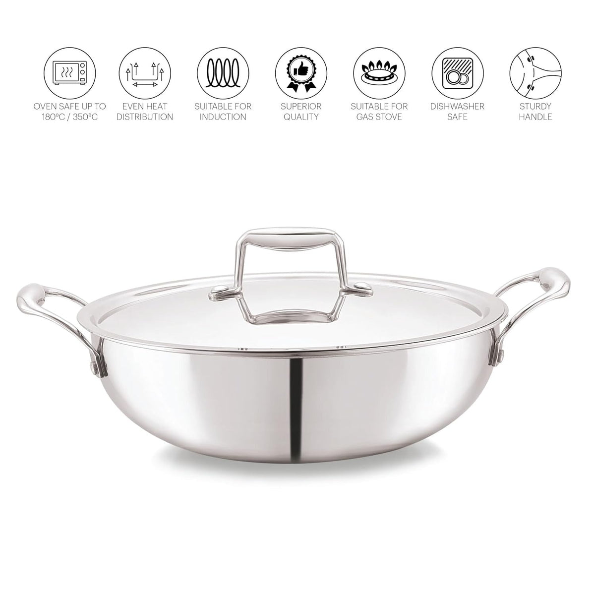 Cello Tri-Ply Stainless Steel Kadhai with Glass Lid Induction Compatible - 30CM-6L