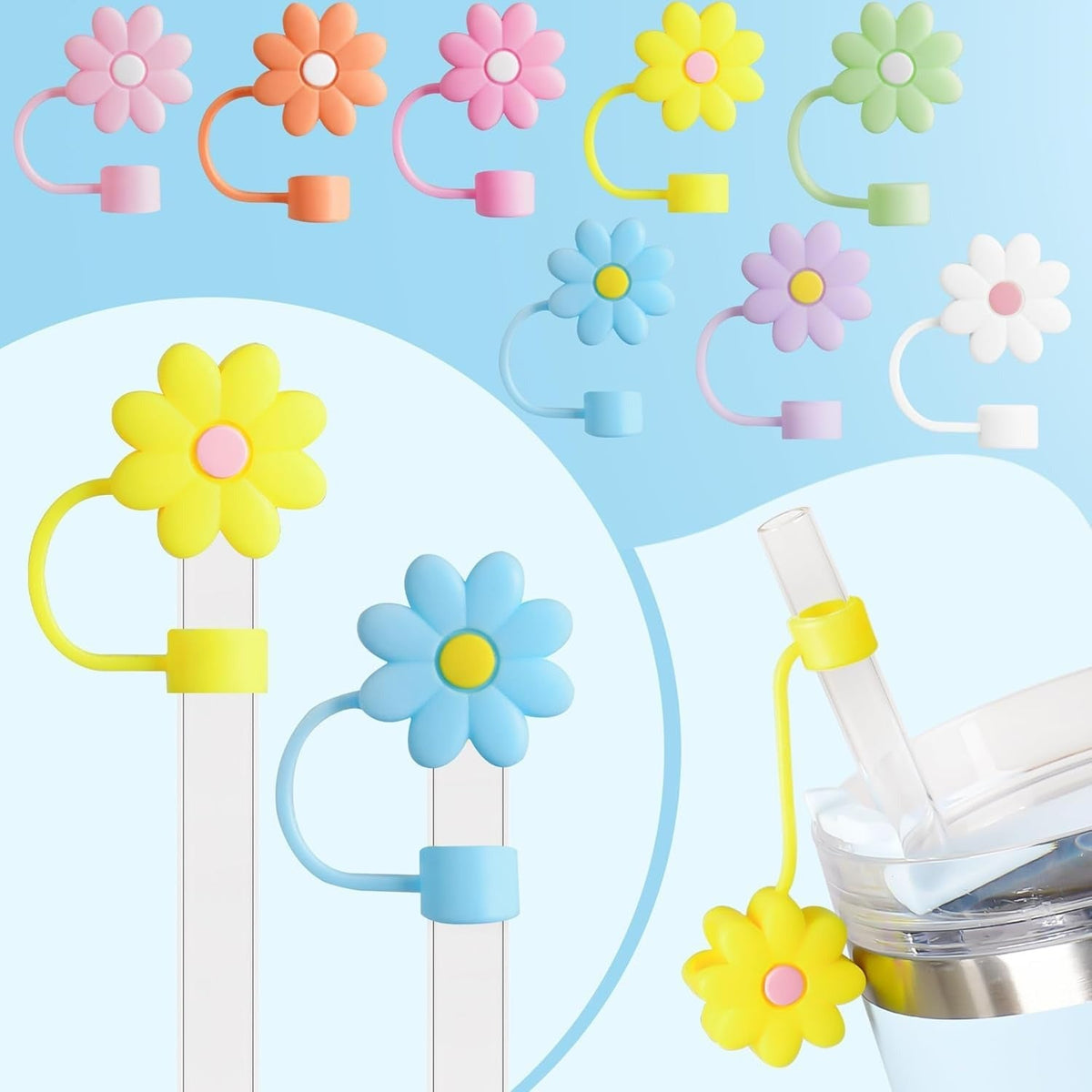 House of Quirk 5PCS Silicone Straw Covers Cap Compatible with Stanley 10mm Cute Flower Straw Toppers for Tumblers - (Multicolor)