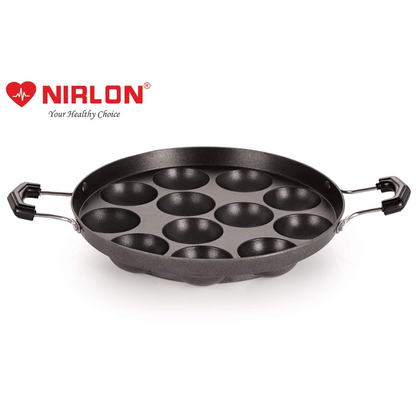 Nirlon Non-stick Aluminium 12 Cavity Appam Paniyarakkal | Ponganal Maker | Paddu Tawa With 2 Side Handle and Stainless Steel Lid