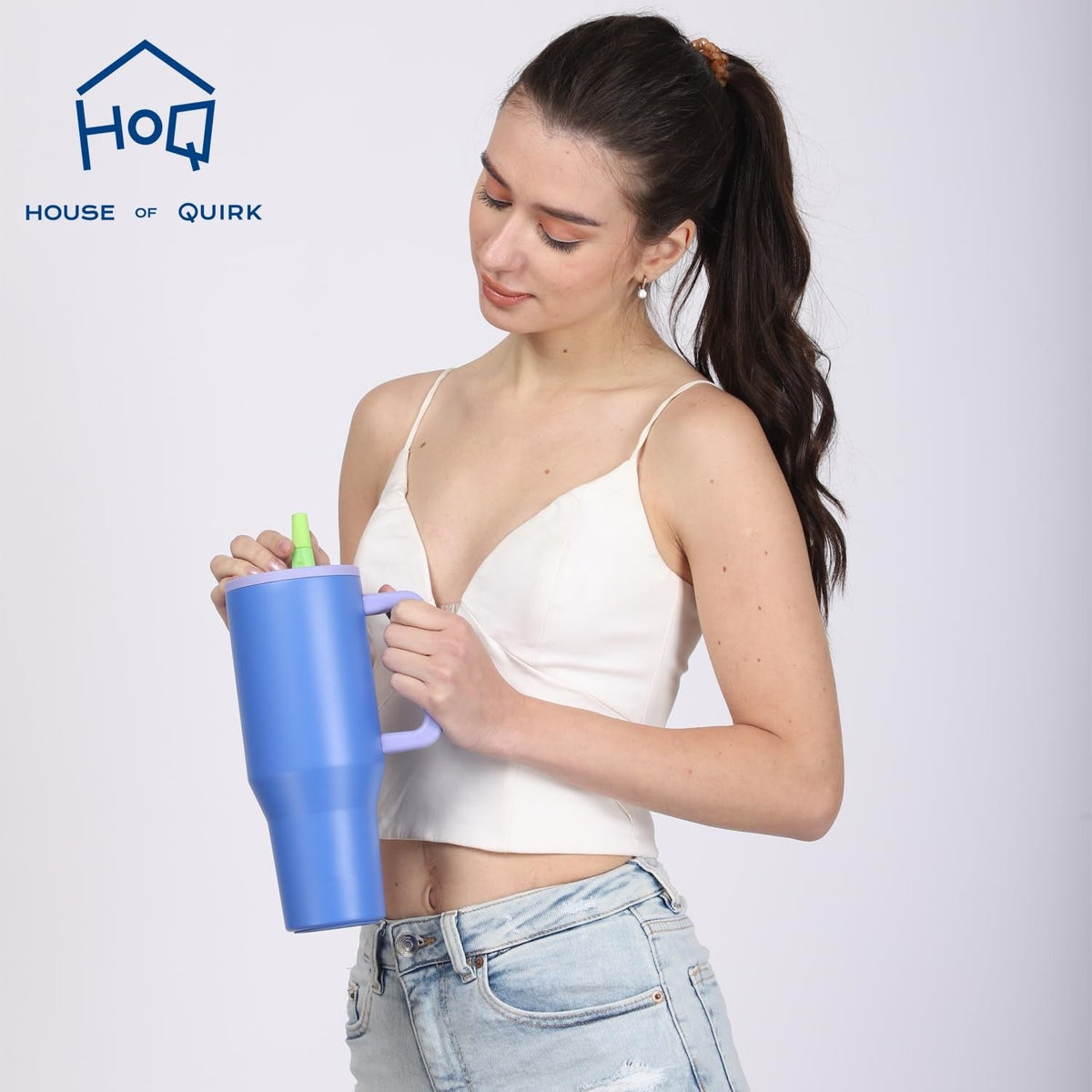 House of Quirk 1200ML Tumbler with Handle & Simple Flip Straw - Blue/Grey
