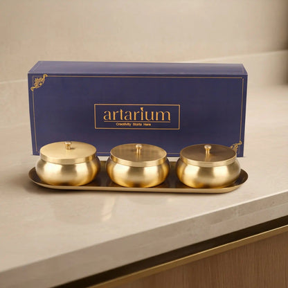 Artarium Brass Nut Bowl Set of 3 with Lids and Tray