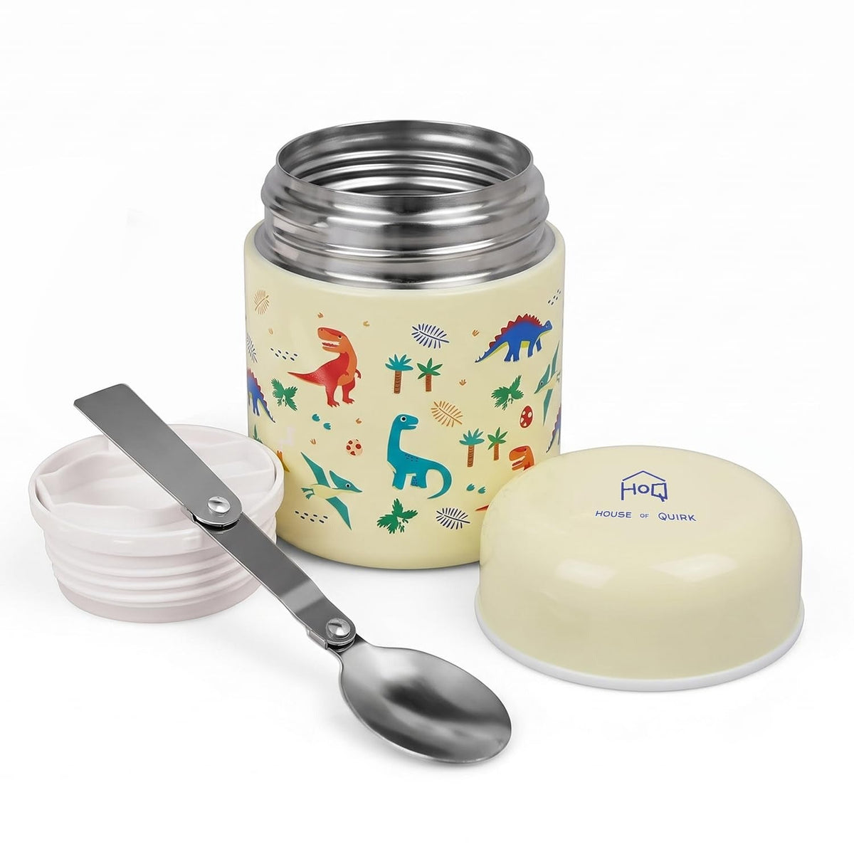 House of Quirk 304 Stainless Steel Baby Feeding Bowl with Spoon - Dinosaur Beige