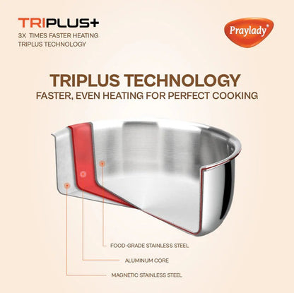 PrayLady Triplus Triply SS Multi Kadai 5 Plates (2 Idli+2 Mini Idli+1 Steamer) Induction Gas