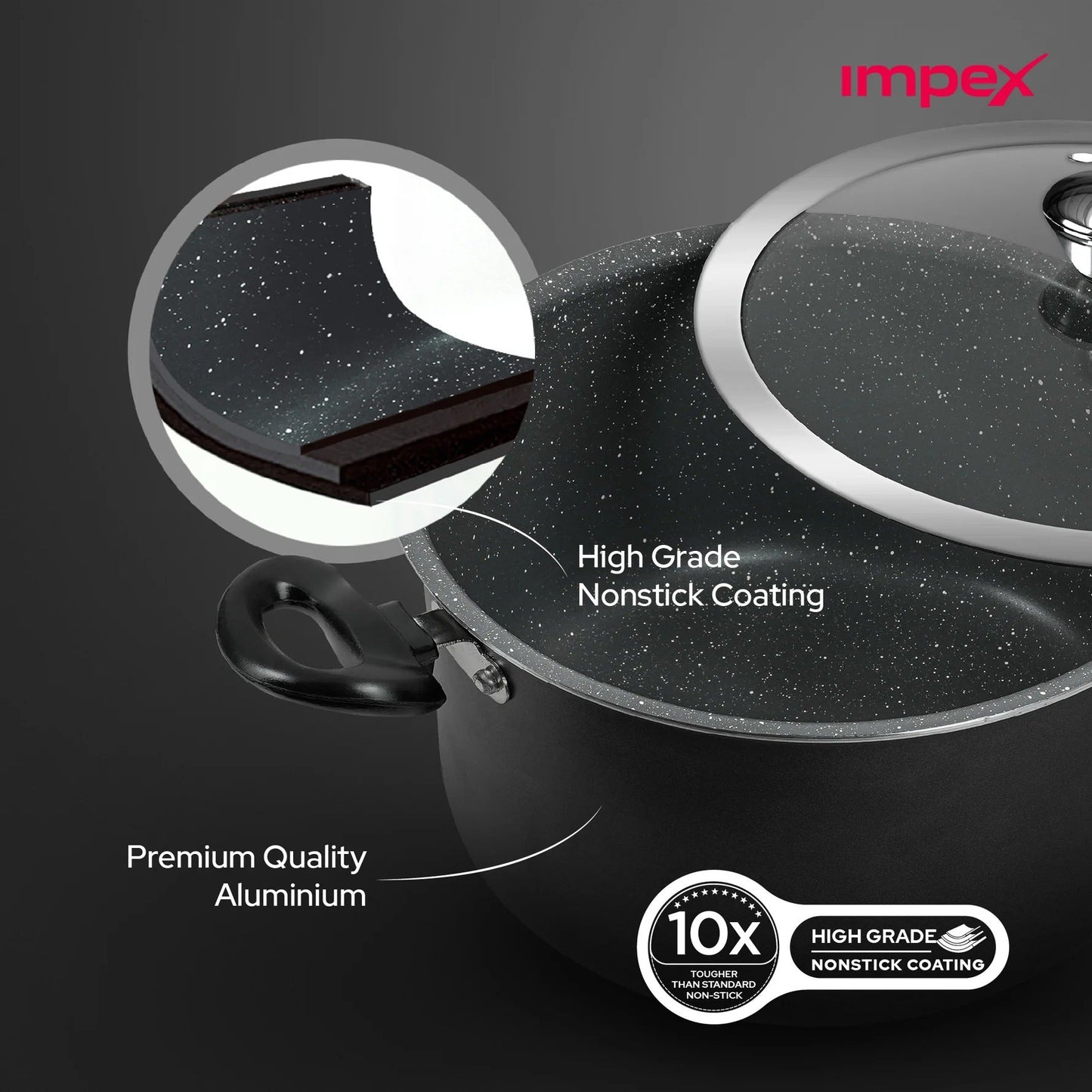 Impex IBP8 8L Non-Stick Biryani Pot with RIB Granite Coating Induction Friendly Aluminium