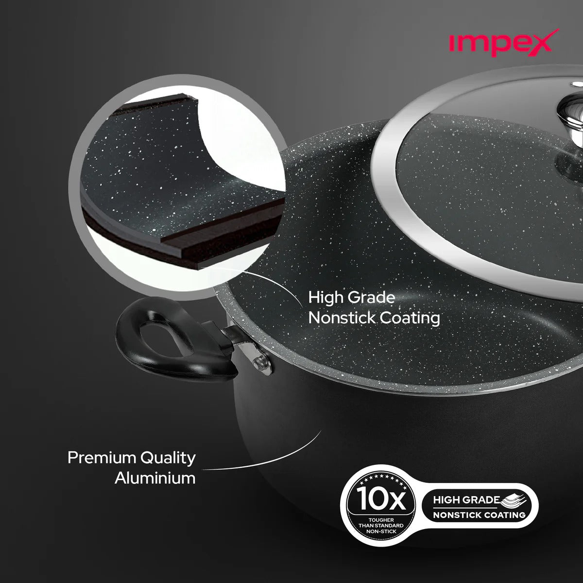 Impex IBP8 8L Non-Stick Biryani Pot with RIB Granite Coating Induction Friendly Aluminium