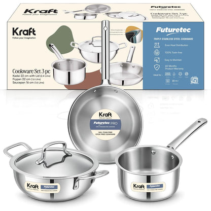 Futuretec Triply Stainless Steel Cookware Set 4 Pcs - 22cm (2.4 L) Extra Deep Kadai, 22cm (1.6 L) Frypan, 16cm (1.6 L) Saucepan