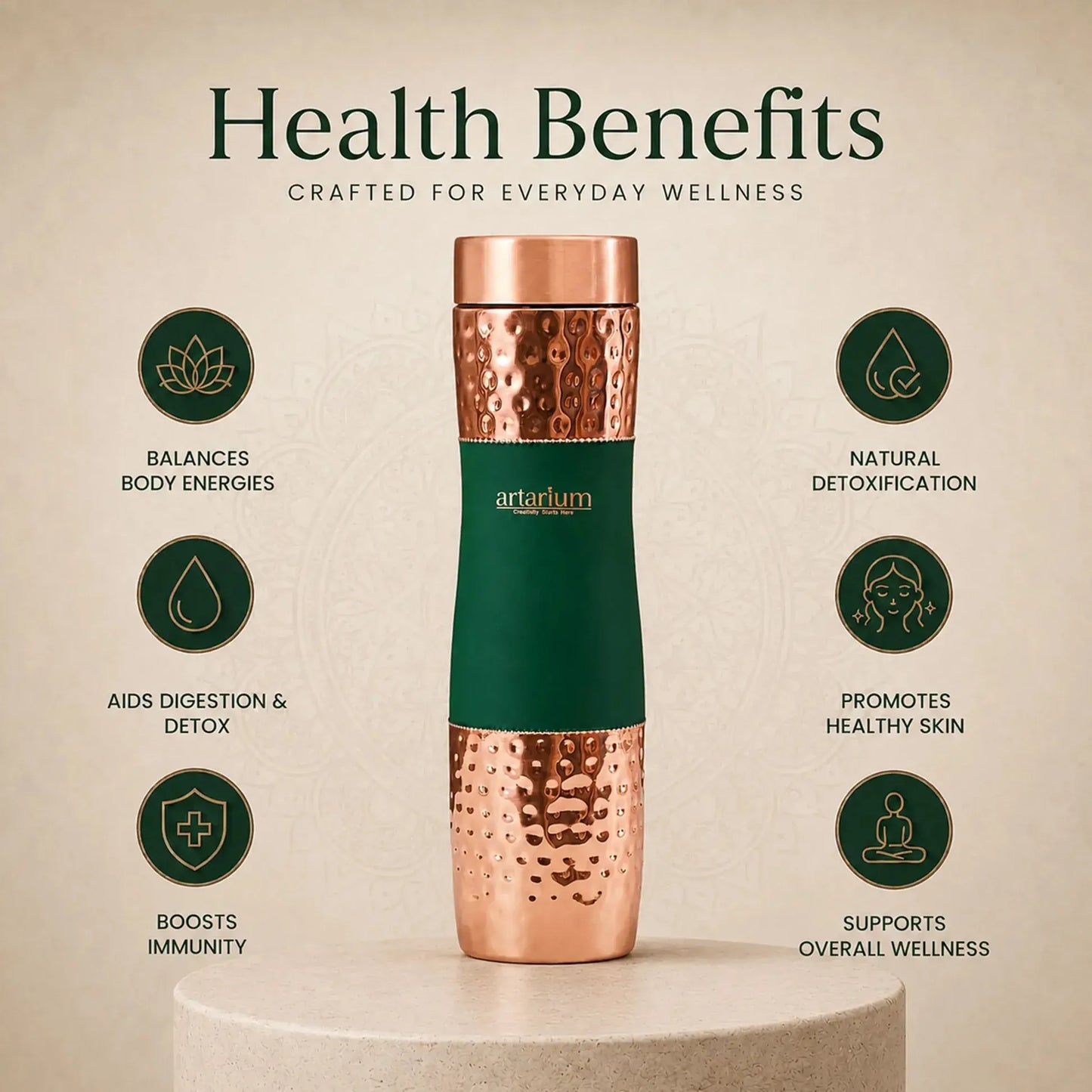 Artarium Eco-Friendly Copper Water Bottle 1L Plain Finish