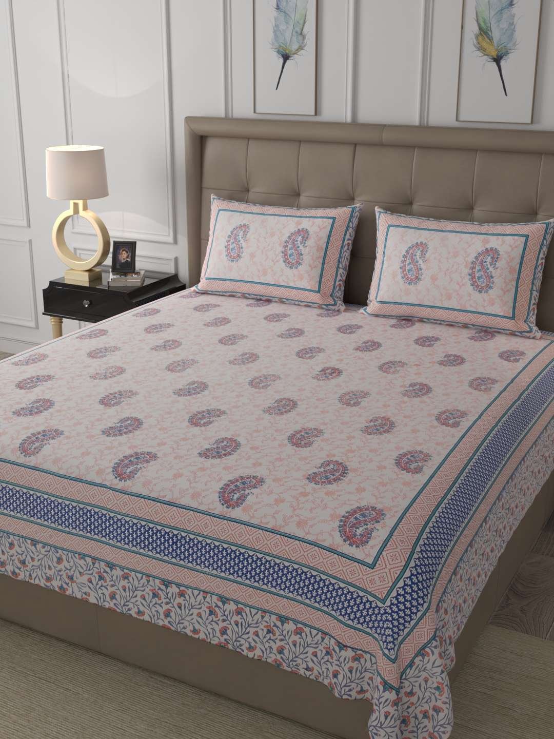 100% Pure Cotton Traditional Printed Bedsheet for Double Bed King Size Bedsheet with 2 Pillow Covers