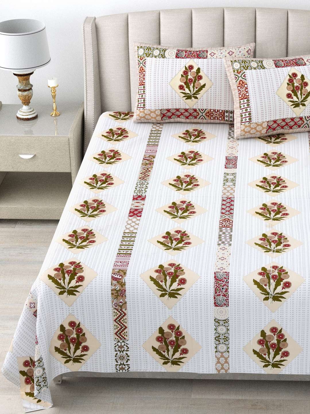 100% Pure Cotton Traditional Printed Bedsheet for Double Bed King Size Bedsheet with 2 Pillow Covers