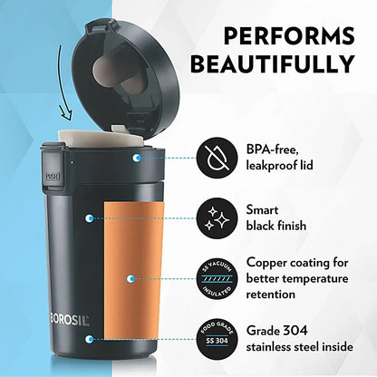 Borosil Hydra CoffeeMate Stainless Steel Vacuum Insulated Travel Mug 300ml